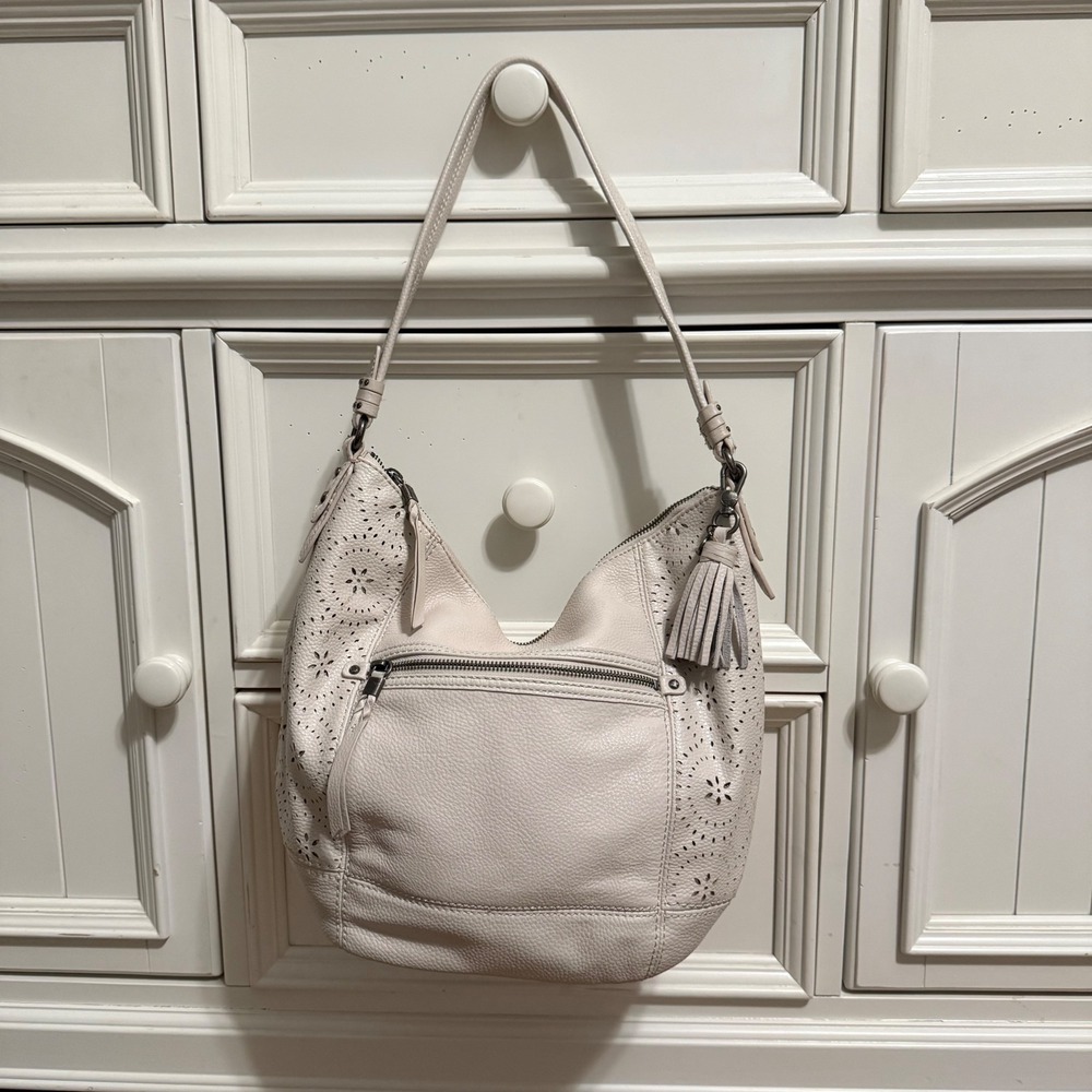 The Sak Sequoia Leather Hobo Bag Purse Cream Chalk Gold Cutouts Tassel Boho